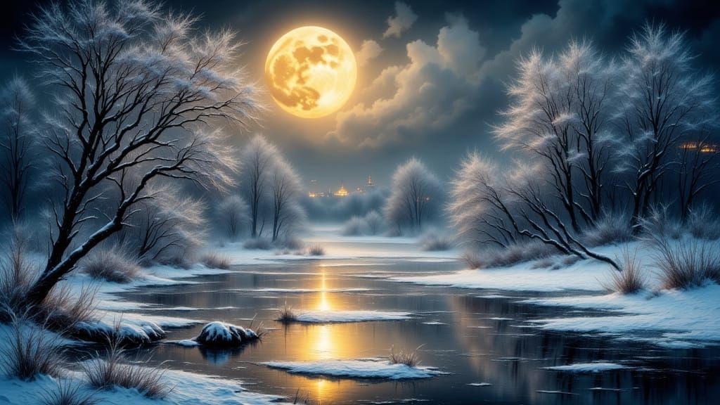 An ethereal winter riverscape at night 03