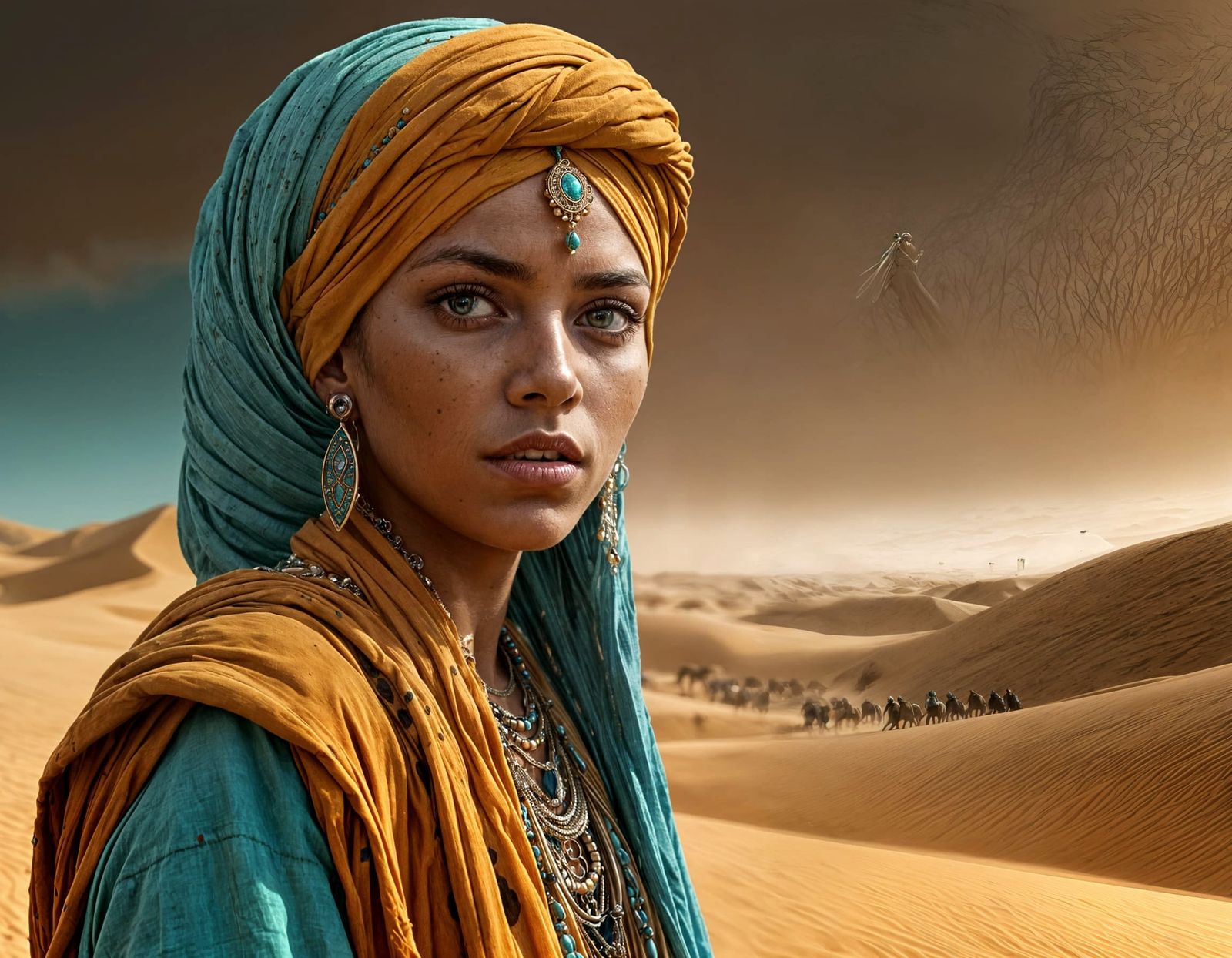 Bedouin Woman in Desert Sandstorm: Ochre Monochrome