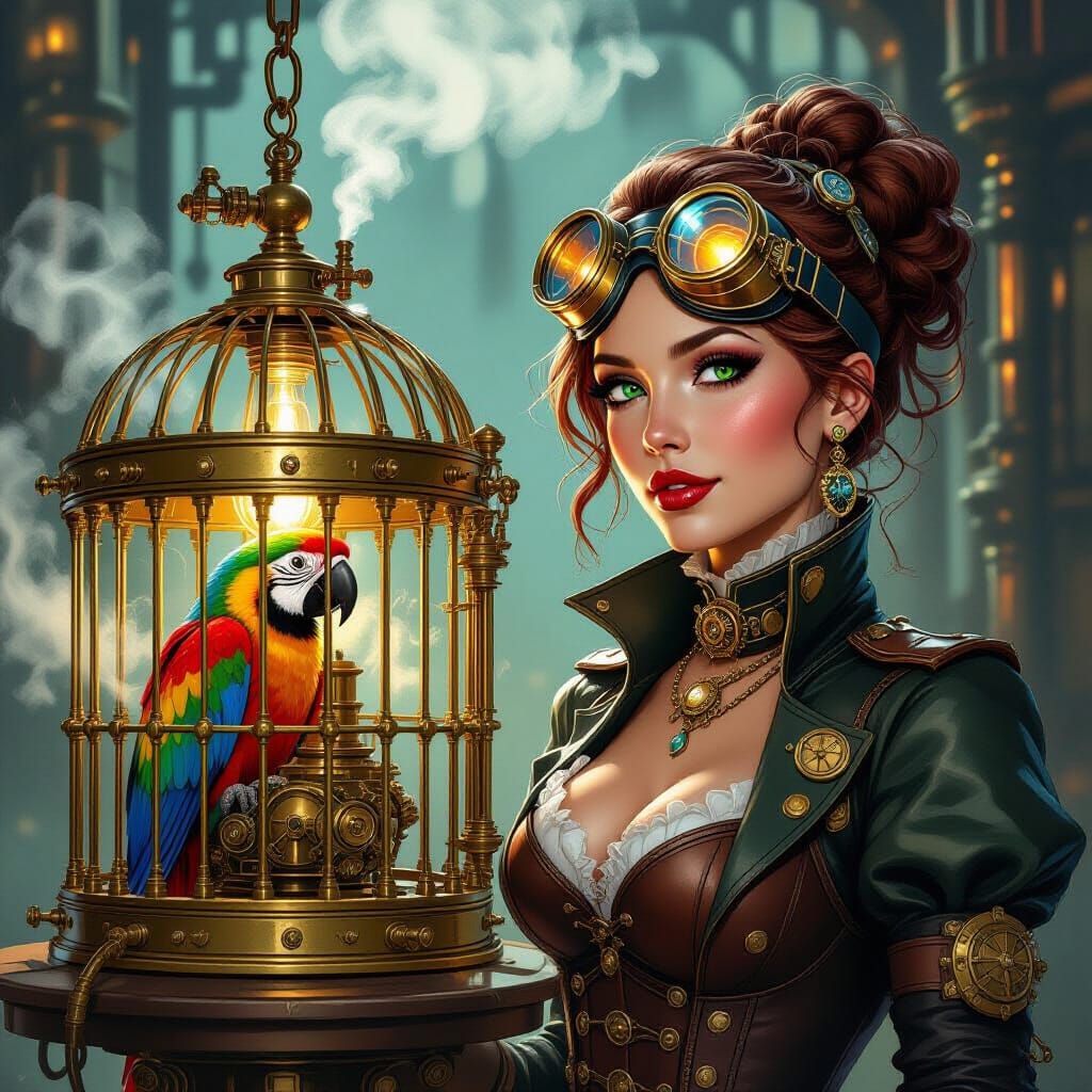 Steampunk Engineer with Woman and Brass Birdcage