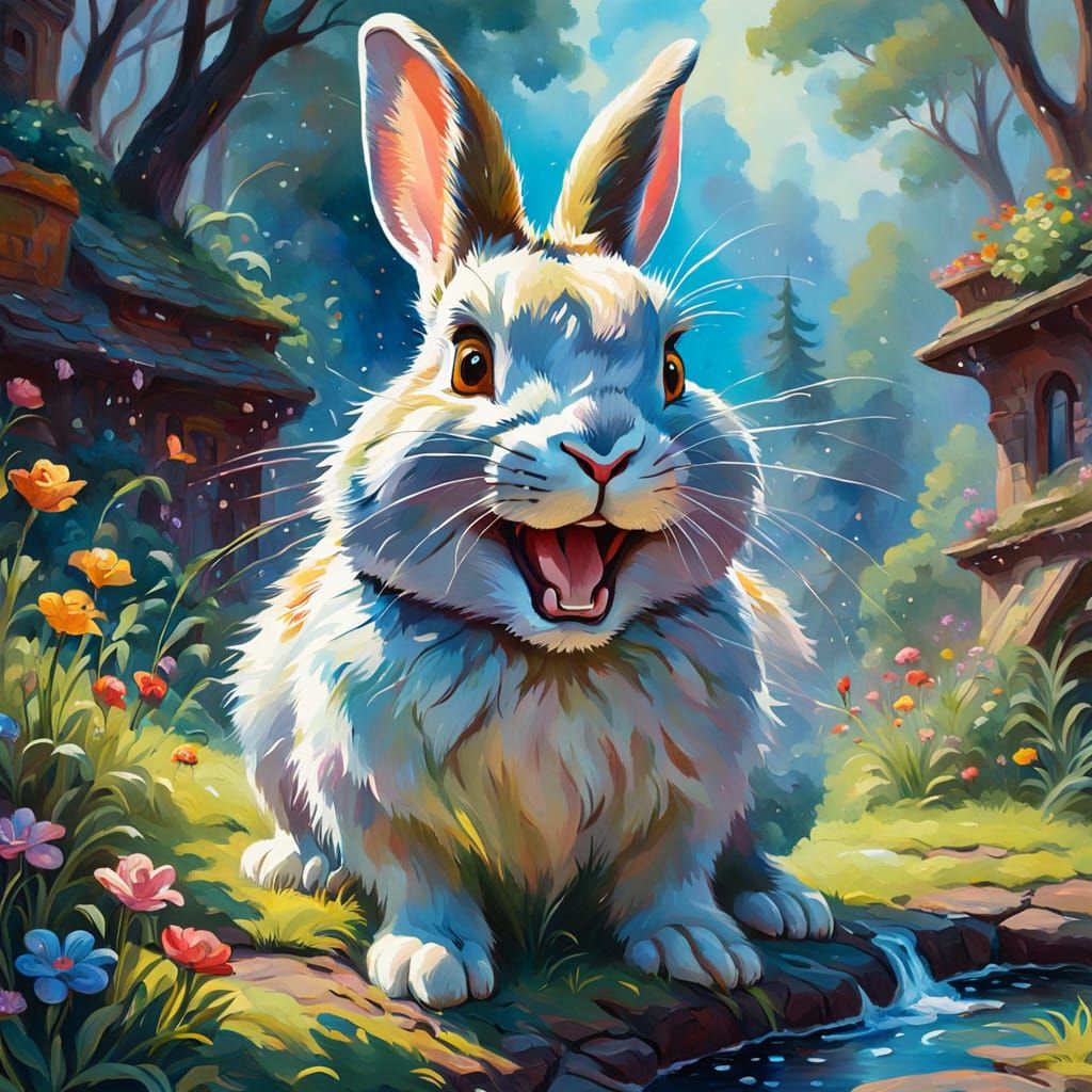 Happy Rabbit Gouache Painting in Ethereal Style