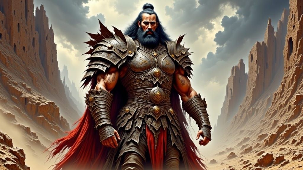 Armored Warrior in Battle-Scarred Landscape