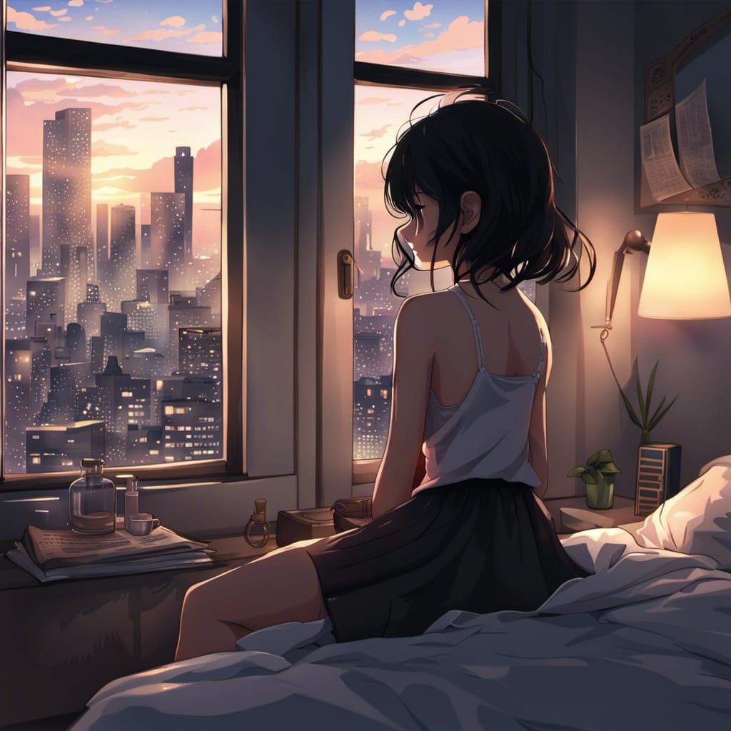 Anime Girl Gazing at City View from Bedroom