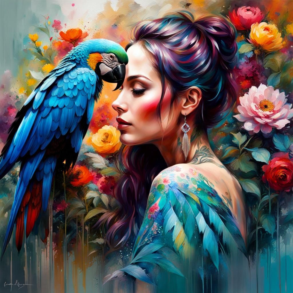 A story of friendship between a woman and her macaw in a flower garden  ❤️❤️❤️