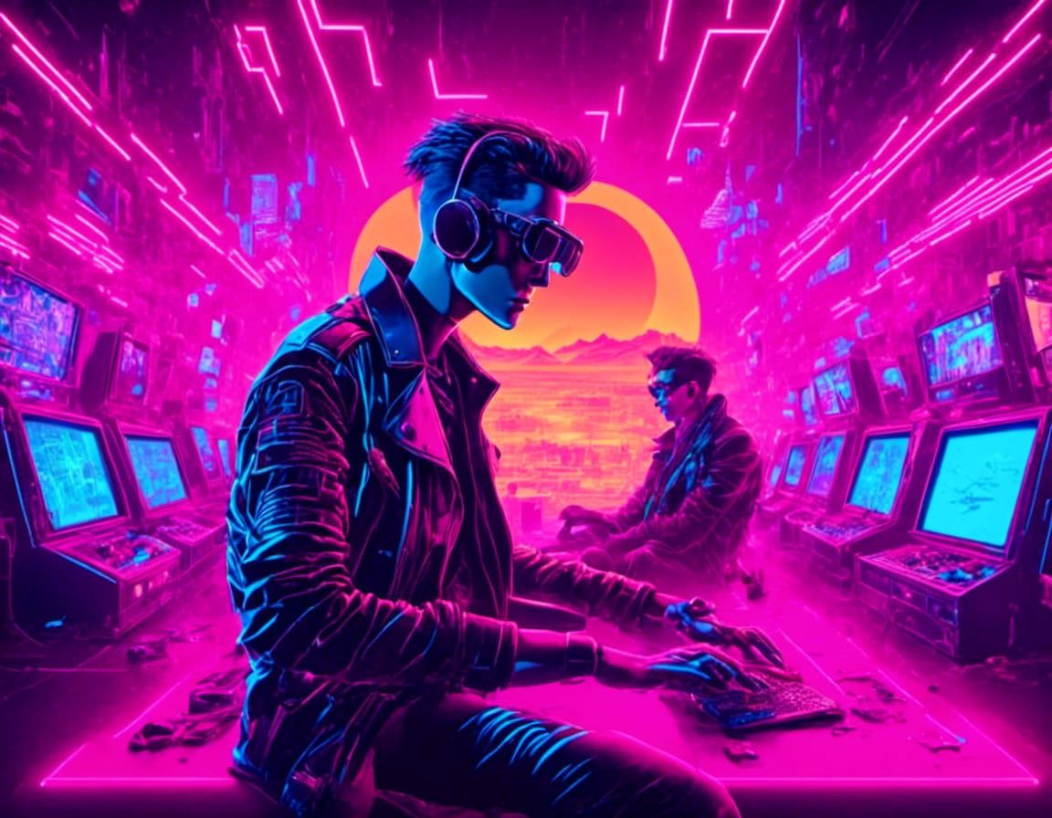 Neon Cyberpunk Max Headroom in Retro Arcade