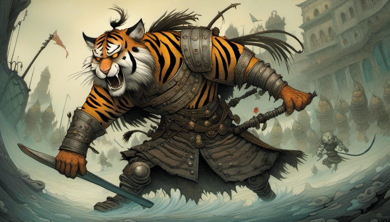 Tiger Warrior Charges with Whimsical 3D Shading
