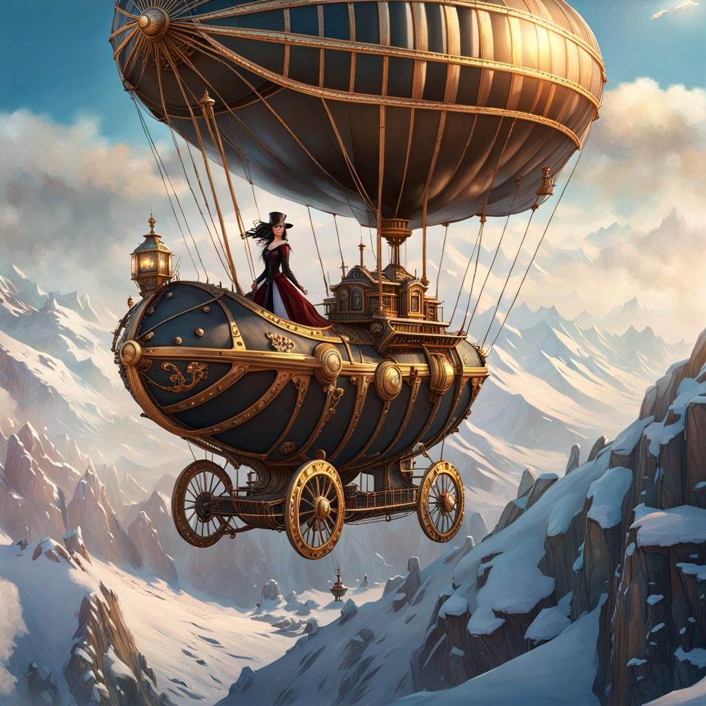 Steampunk Airship Over Snowy Peaks in 8k