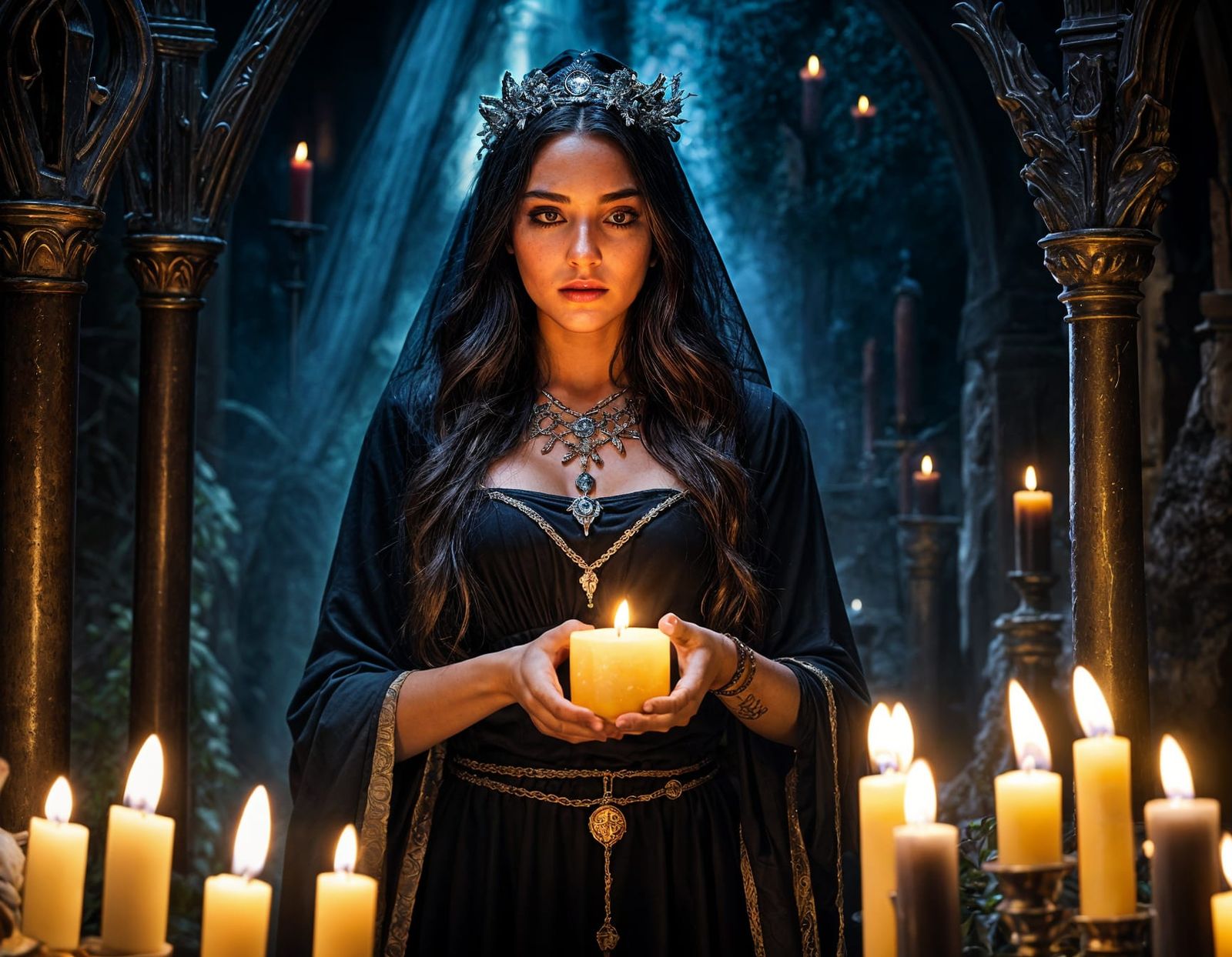 Young Witch at Altar with Crystals and Knife