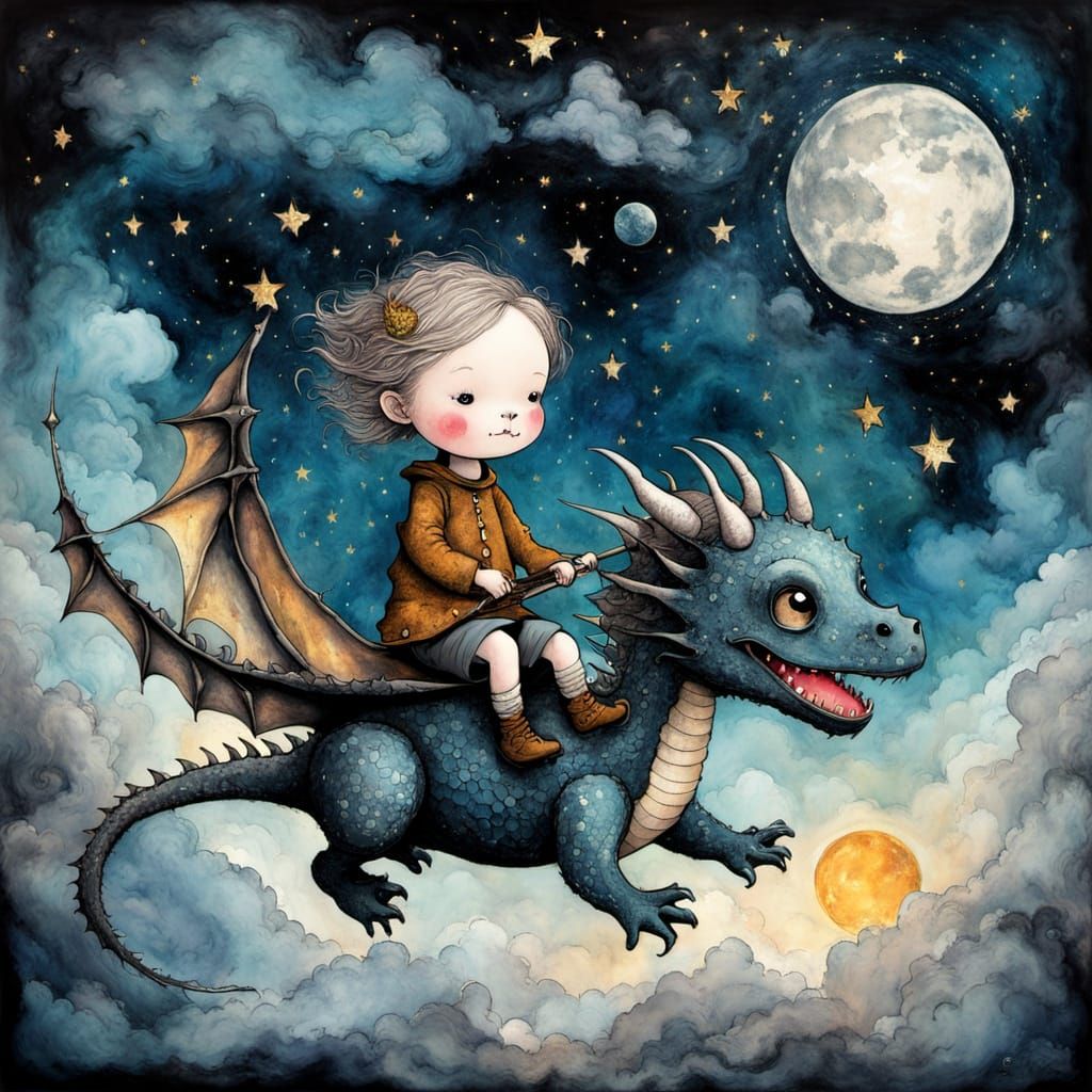 Child on Dragon in Cosmic Starscape, Surreal Art