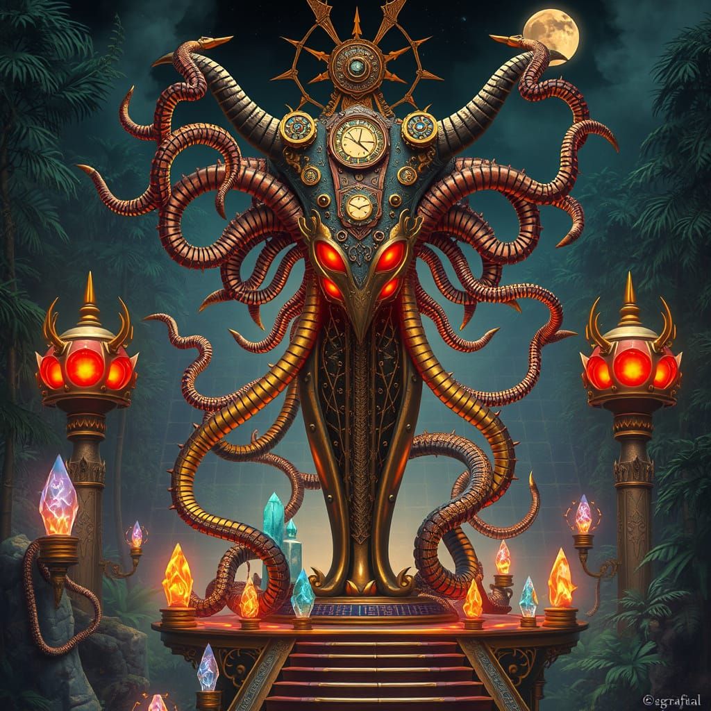 Steampunk Medusa on Solarpunk Temple