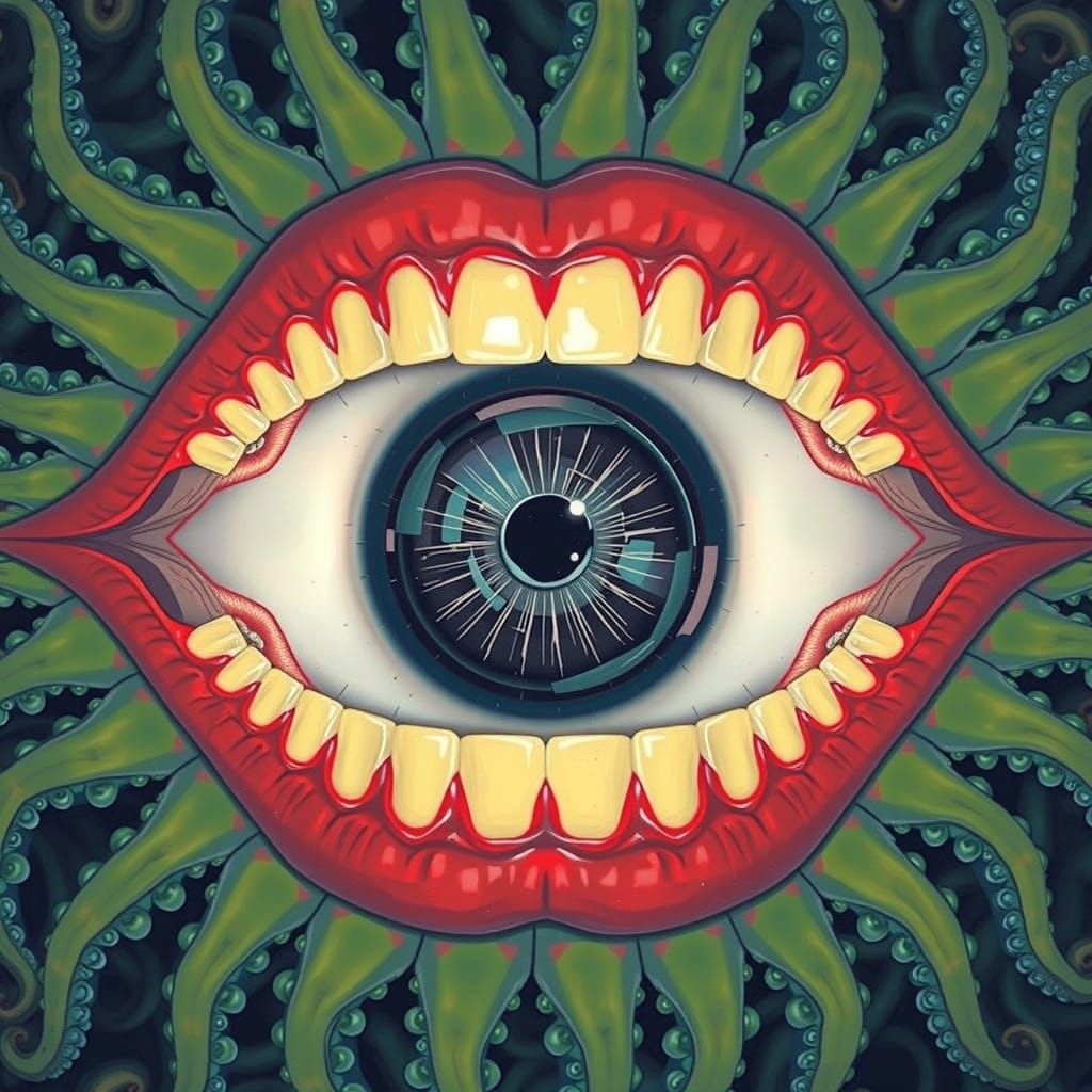 Surreal Portrait of a Mouth with Octopus Tentacles in Hyper-...