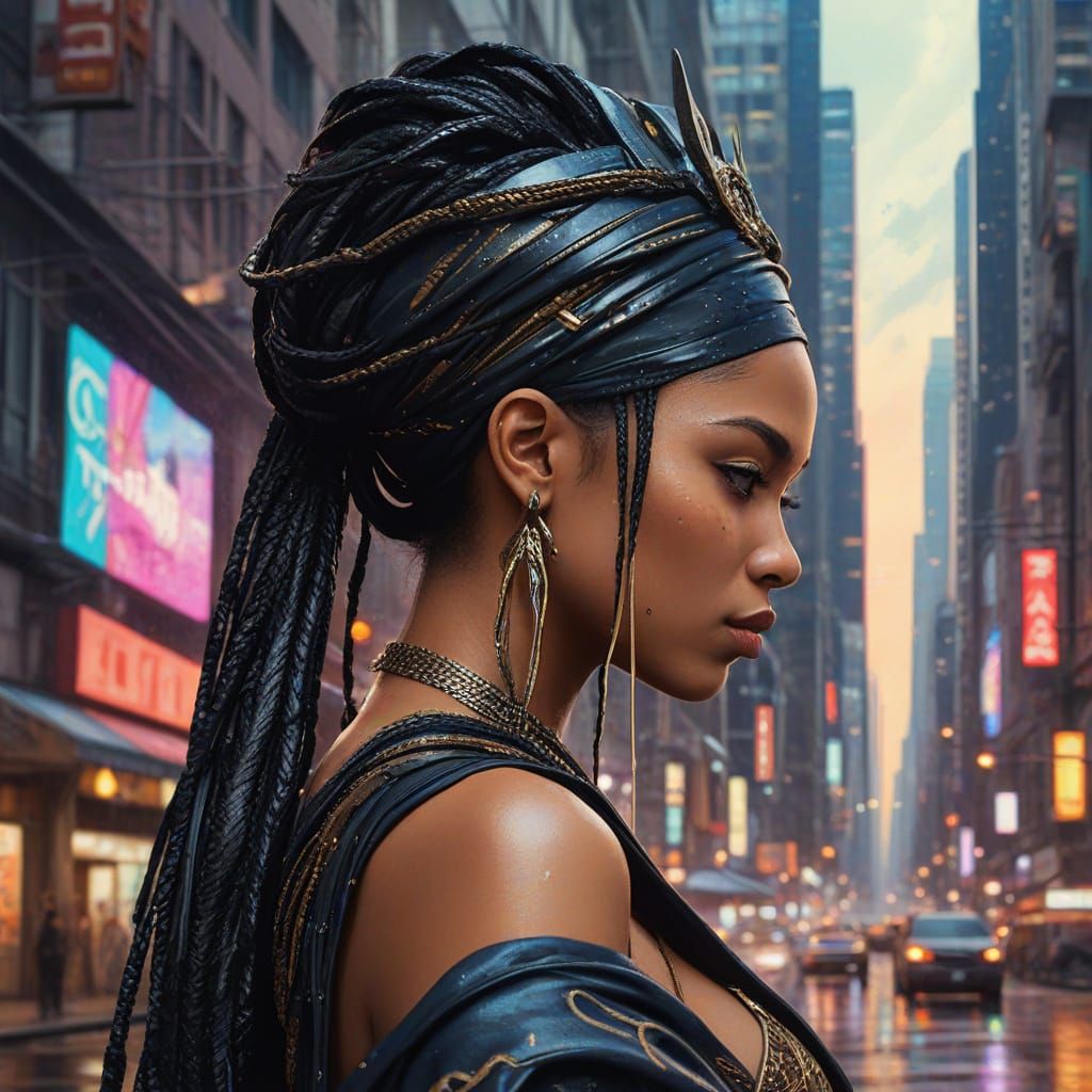 Cyberpunk Queen with Katana in Futuristic Cityscape