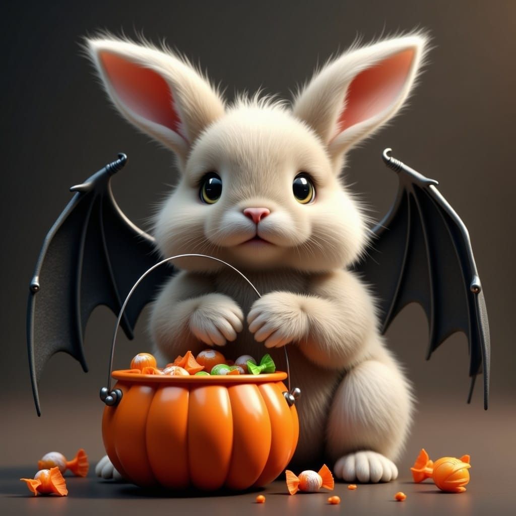 Hyperrealistic Bunny with Bat Wings and Candy