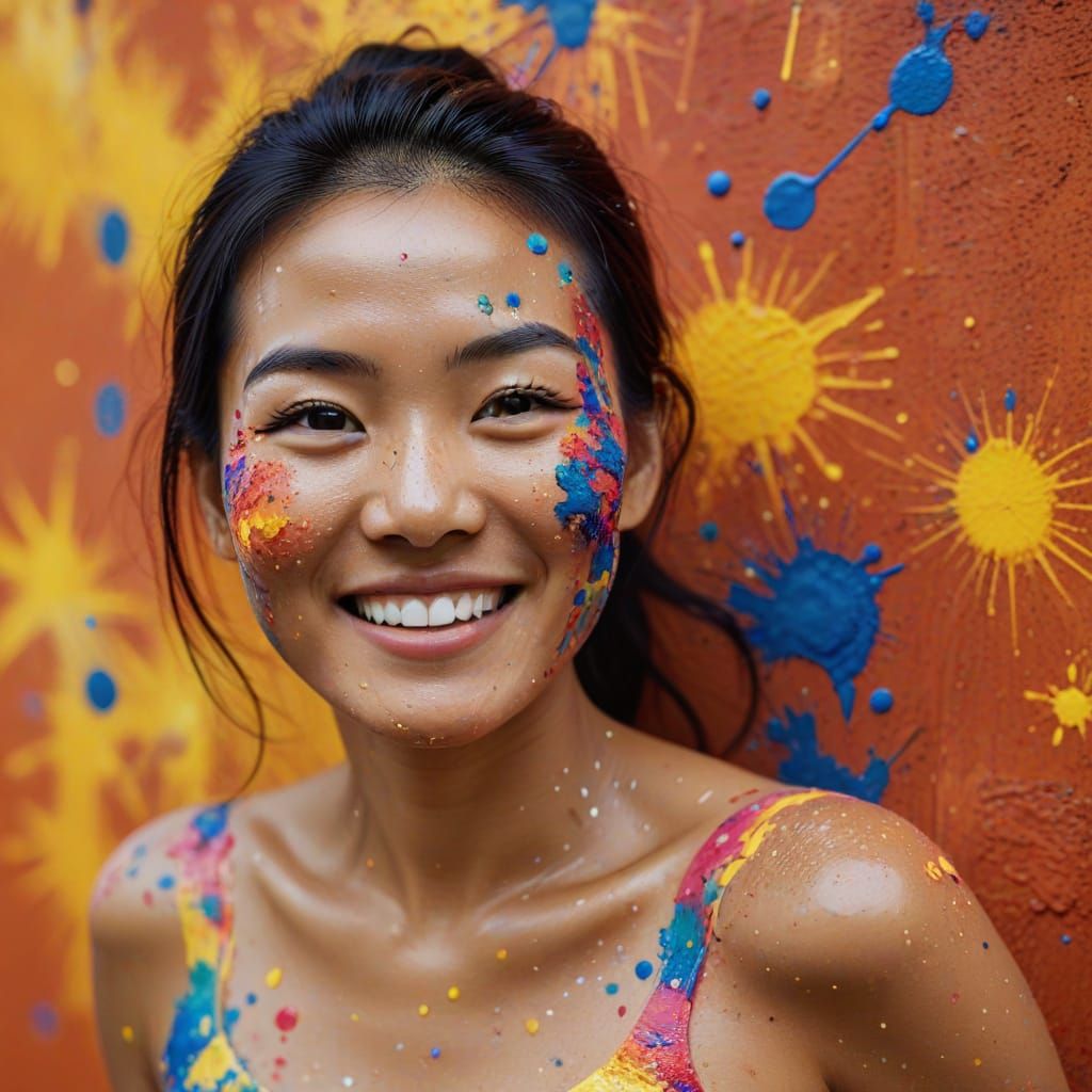Joyful Woman Covered in Colorful Paint Splatters