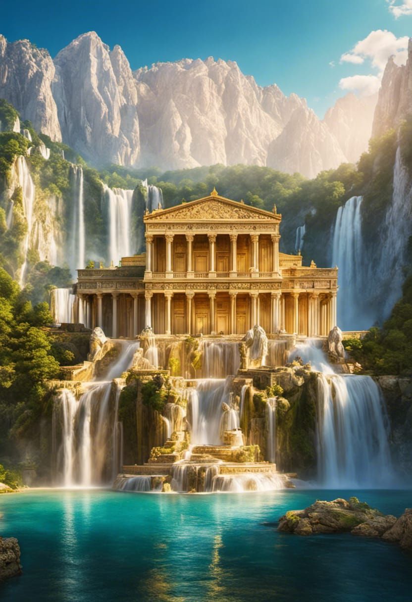 Olympian Marble Palace with Gold Waterfalls