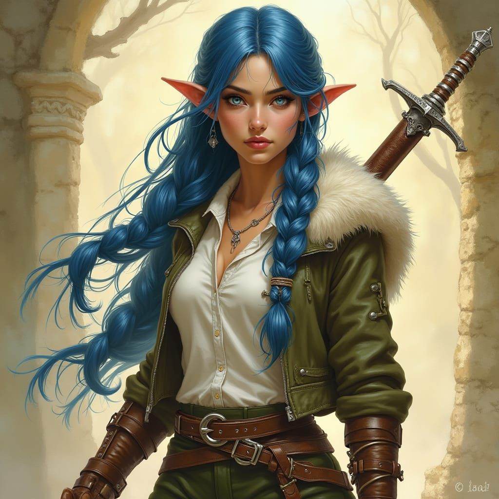 Half-Elf Bard Woman in Frazetta-Inspired Fantasy Attire