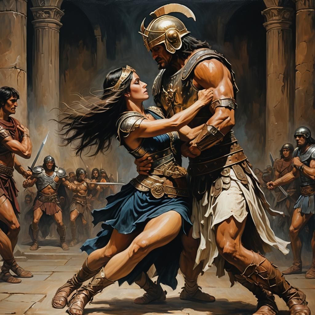 Gladiator and Dancer's Passionate Embrace in Ancient Rome