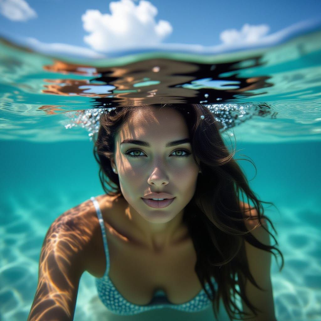 Split-Level Underwater Photo Of Woman Leaning Into Water