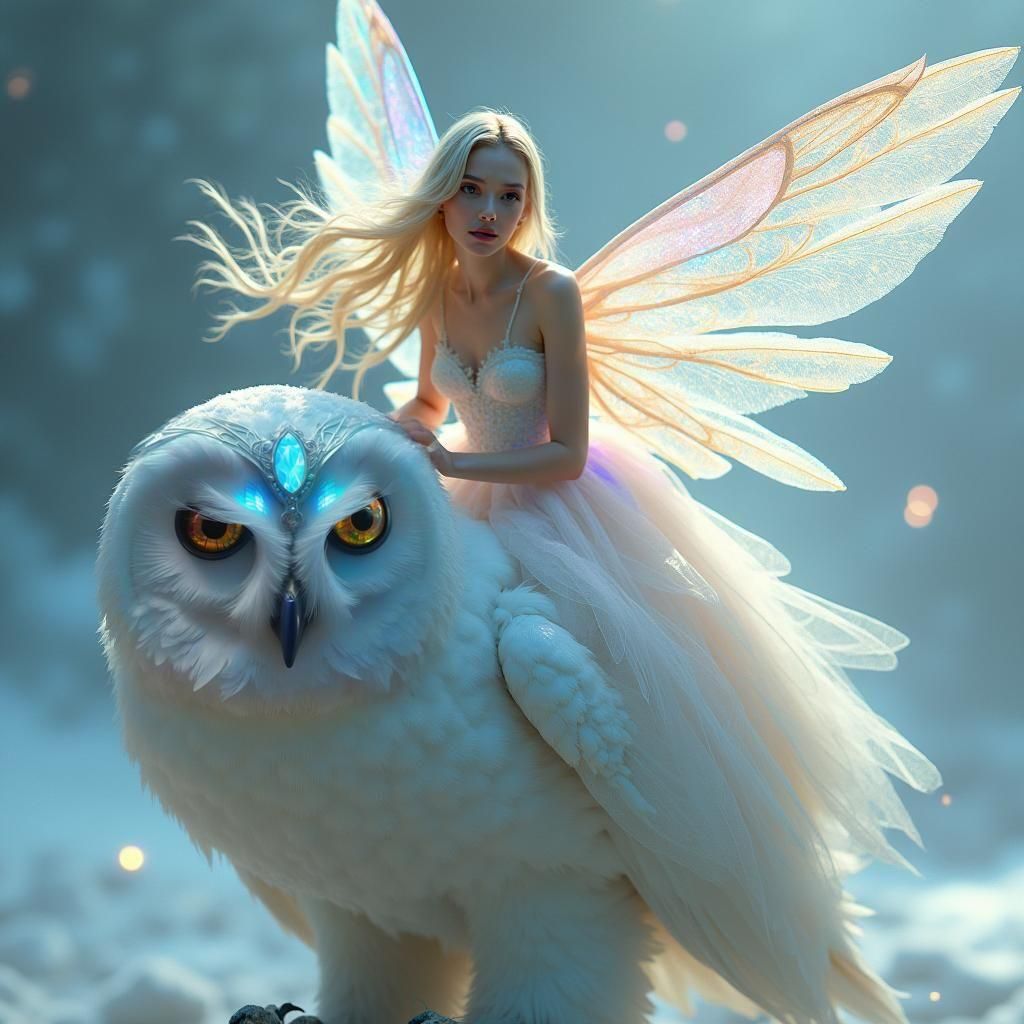 Fairy Riding an Owl in Holographic Fantasycore Style