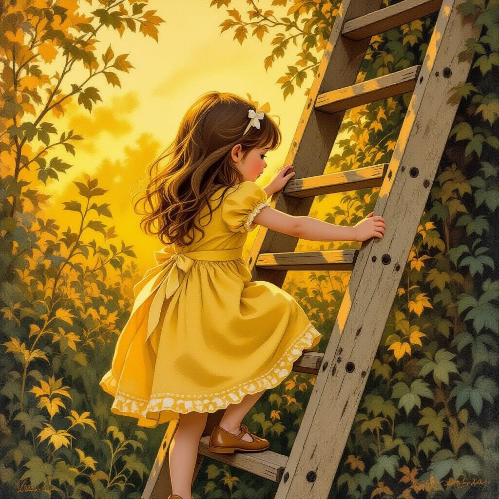 Girl Climbing Ladder in Whimsical Illustration Style