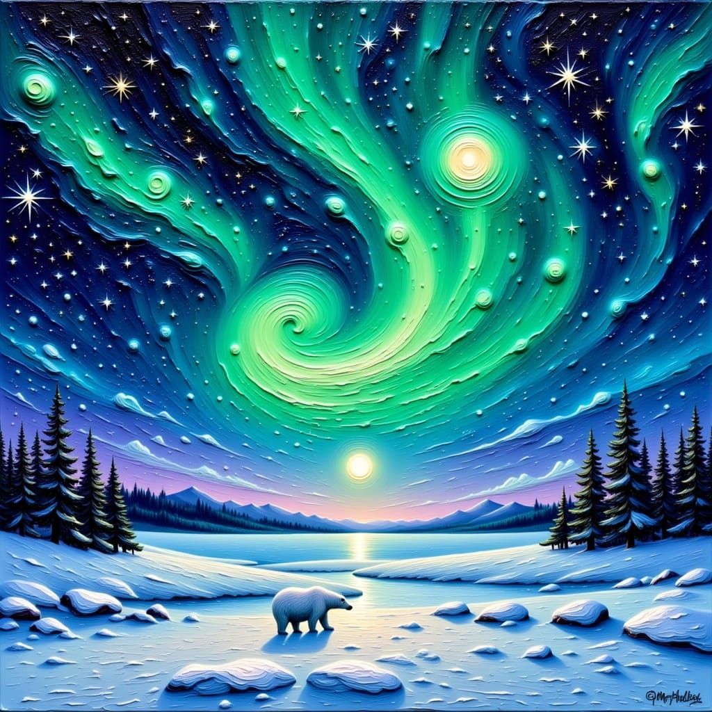 A breathtaking impasto night sky filled with swirling aurora...