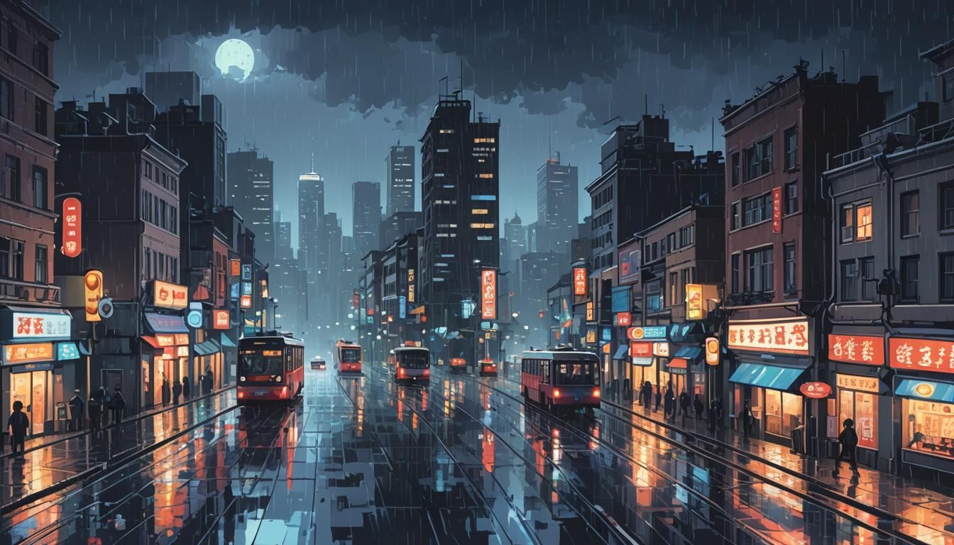 Nostalgic Rainy Cityscape in 8-bit Pixel Art