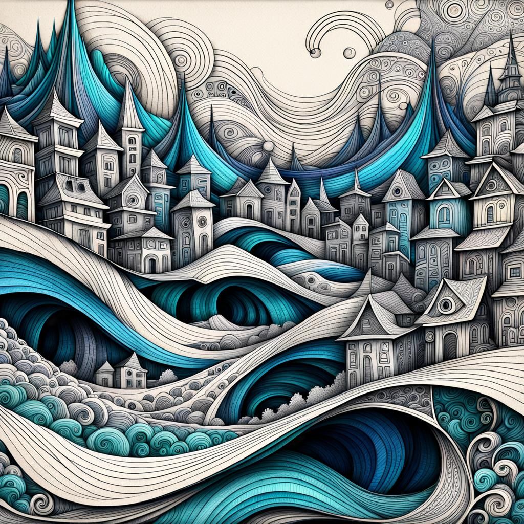 Dreamlike Doodle Cityscape on Notebook Paper