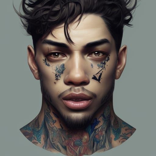 Detailed Portrait of Tattooed Man in Art Nouveau Style