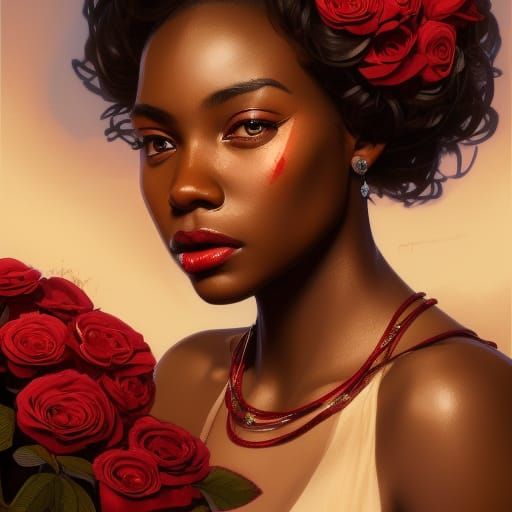 Attractive Girl in Crimson Dress with Roses