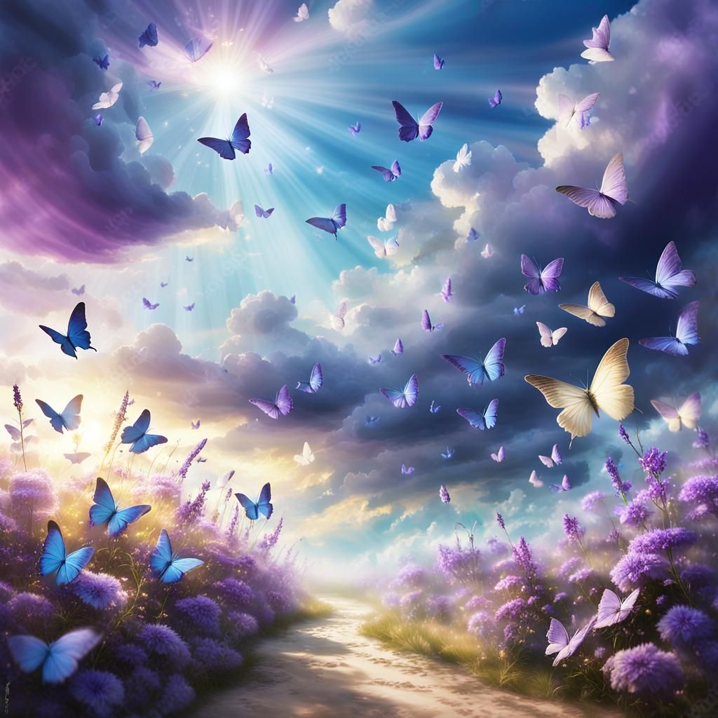 Blue and Purple Butterflies in Dreamy Landscape