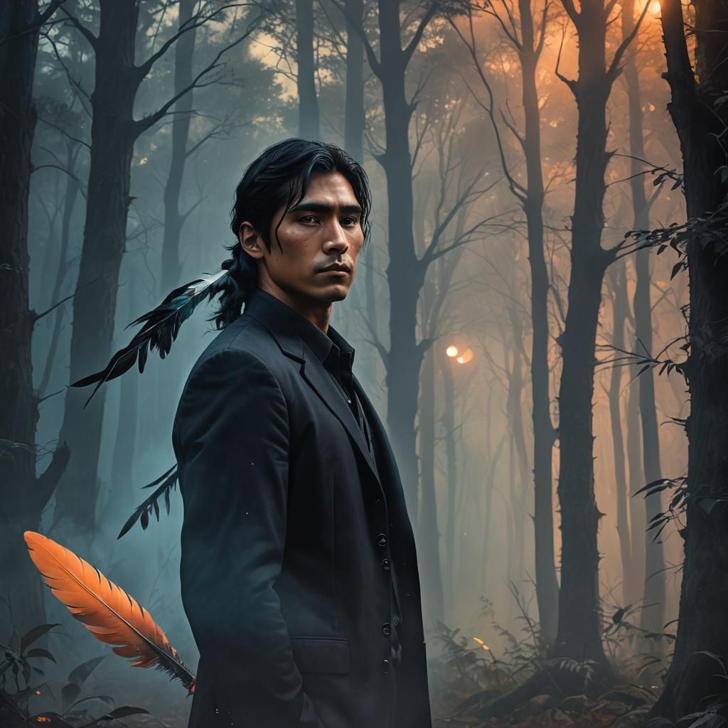 Mystical Native American Man in Moonlit Forest