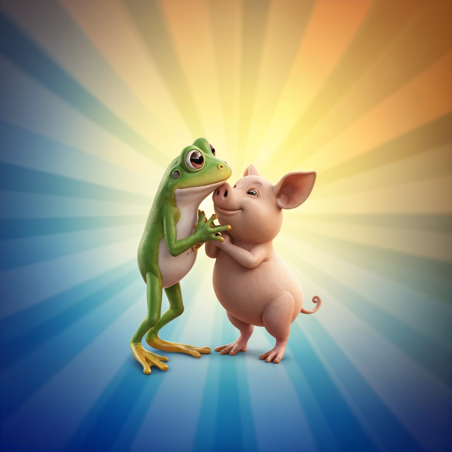 Surreal Cartoon Frog Kisses Happy Pig in Vibrant Digital Art