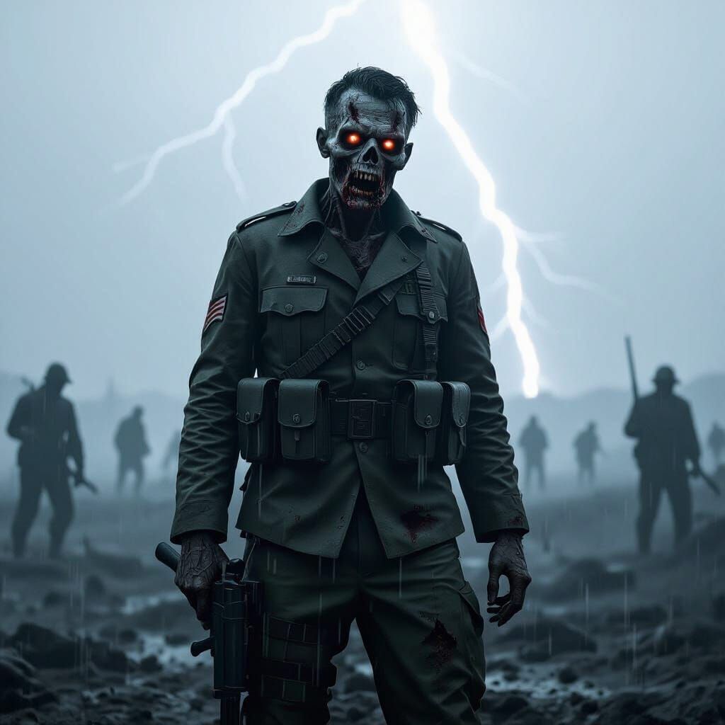 Zombie Soldier in Lightning Storm on Battlefield