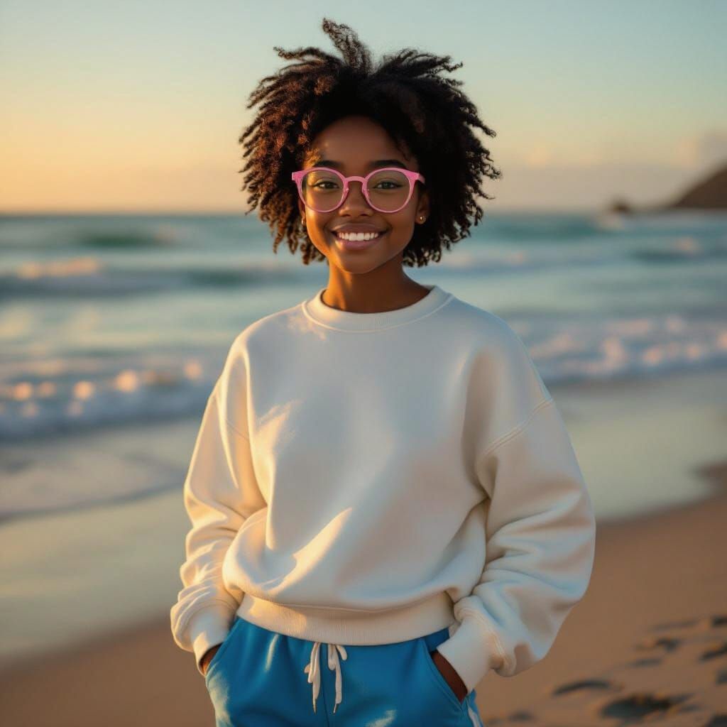 Black Teenager Posing on Beach in Golden Hour Light