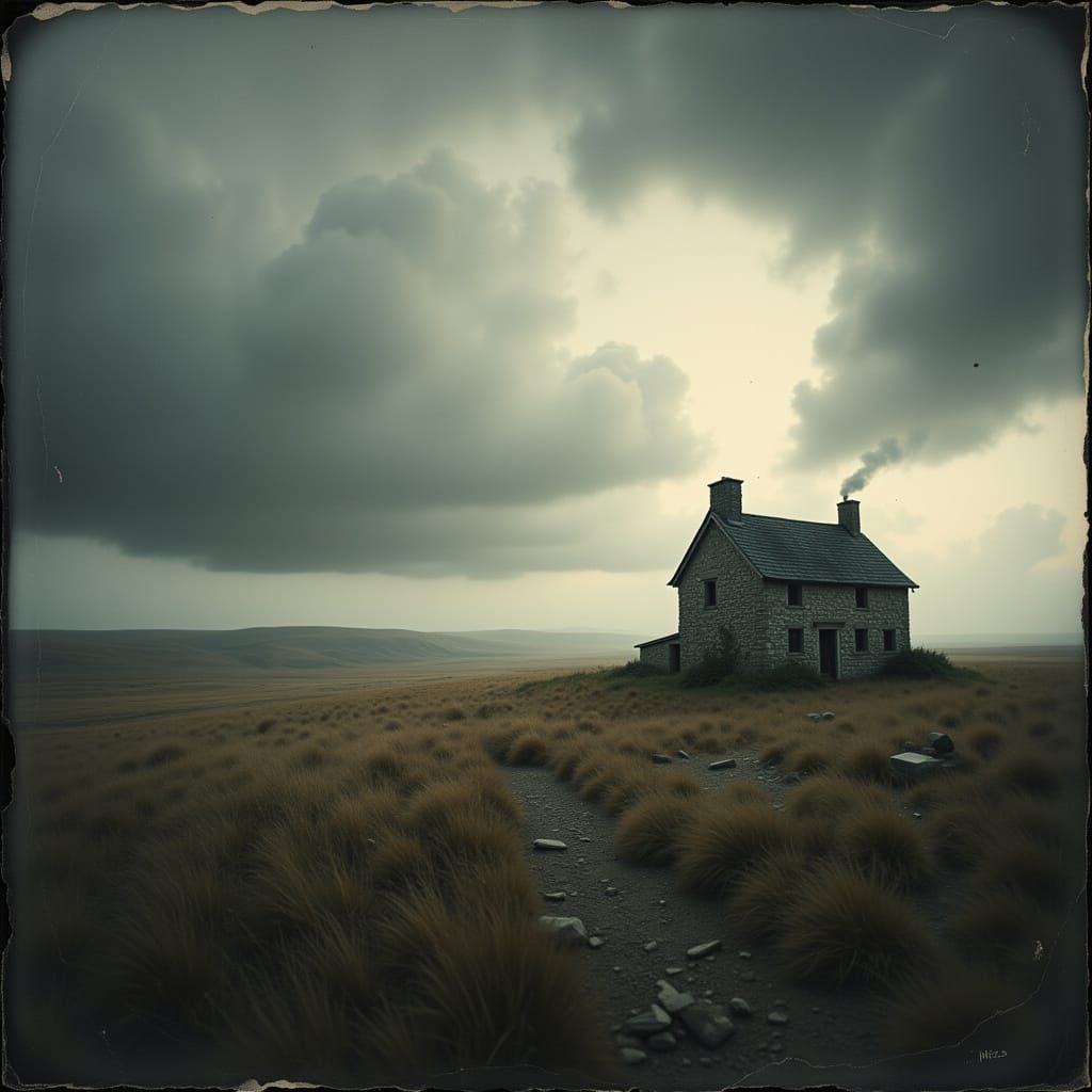 Solitary Cottage on Windswept Moor in Moody Atmospheric Styl...