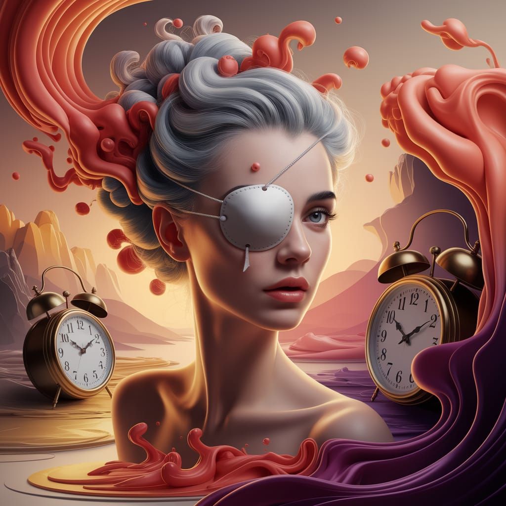 Ethereal Woman in Melting Dreamscape with Clocks