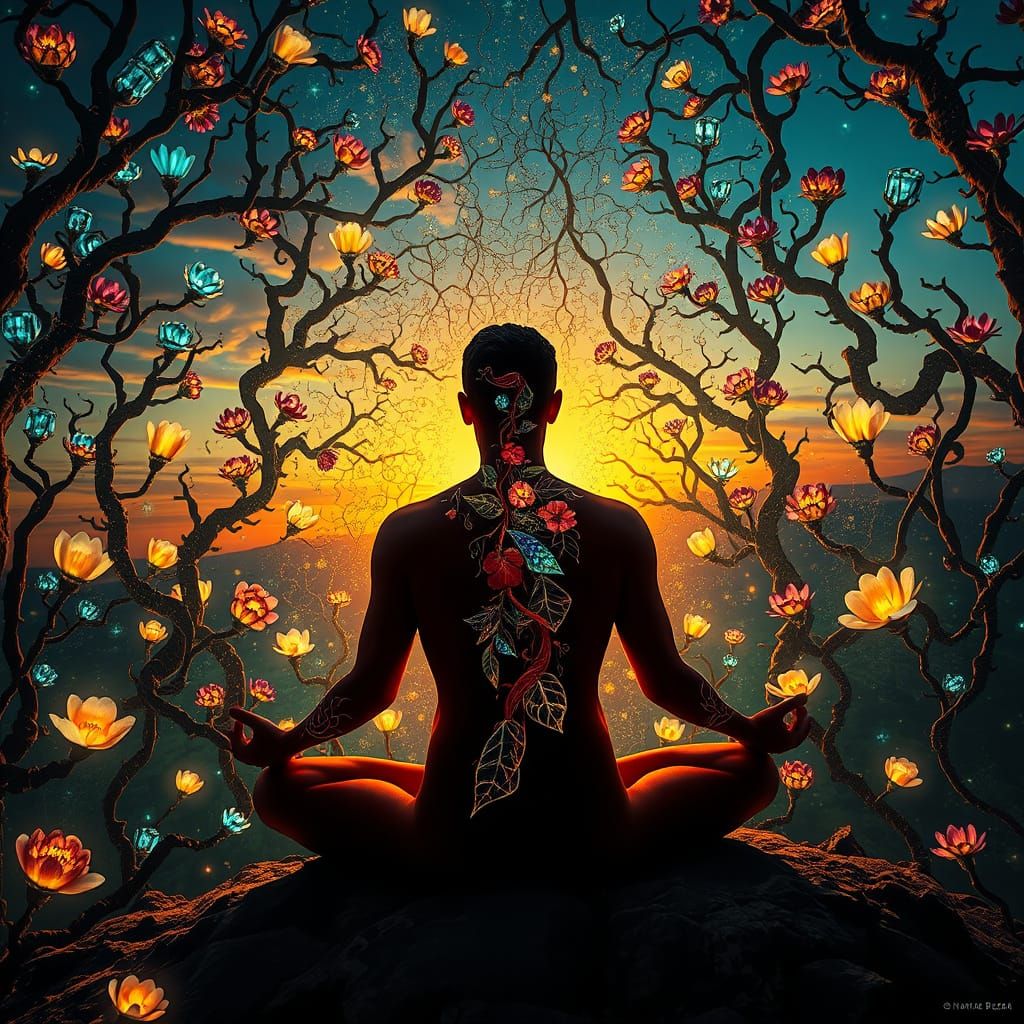 Dreamlike Meditative Landscape with Mystical Creatures and W...