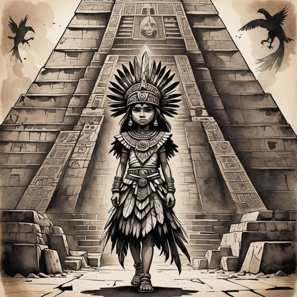Aztec Princess and Quetzalcoatl in Stylized Ink