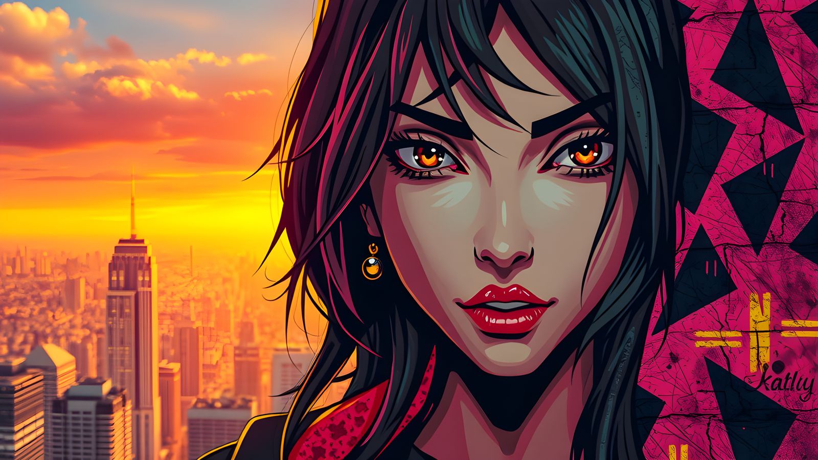 Anime Graffiti Portrait on Skyscraper in Pop Art Style