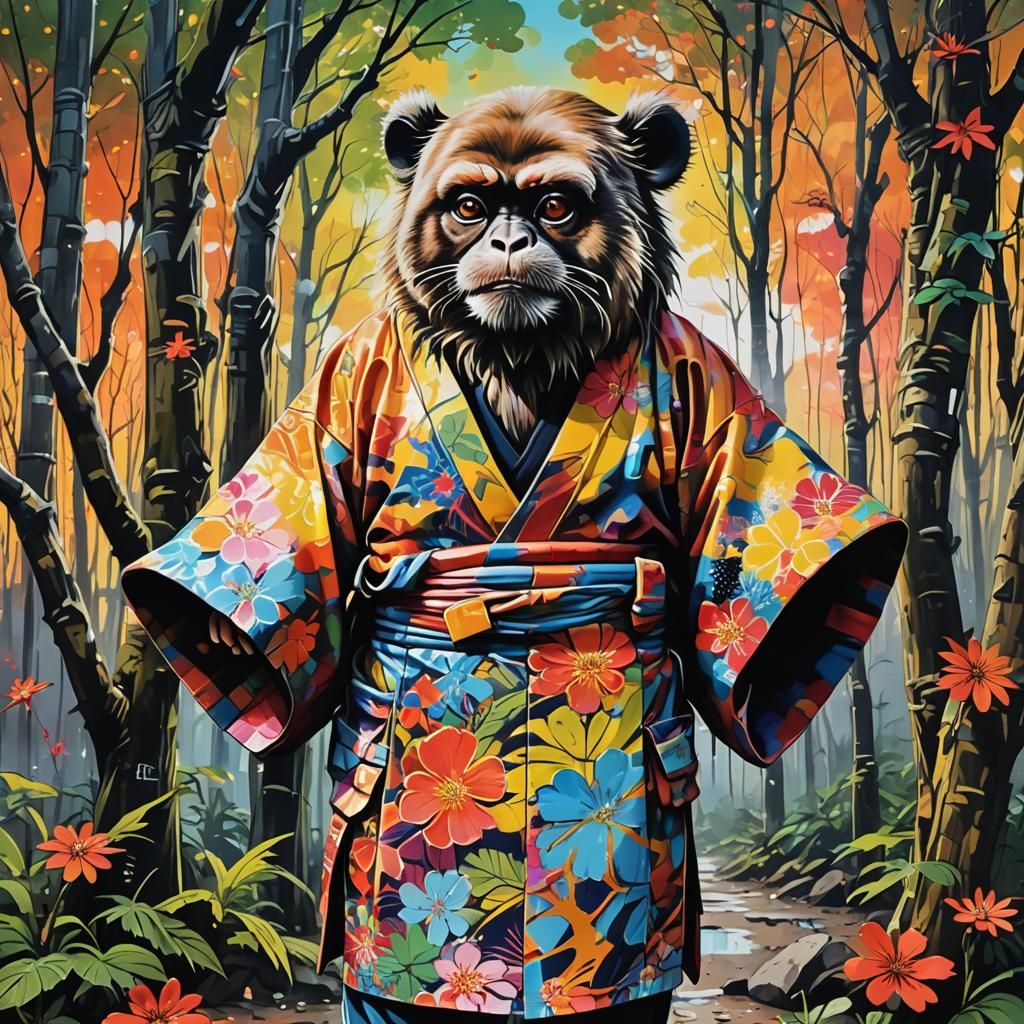 Zen Monkey in Treehouse Village, Graffiti Art Style