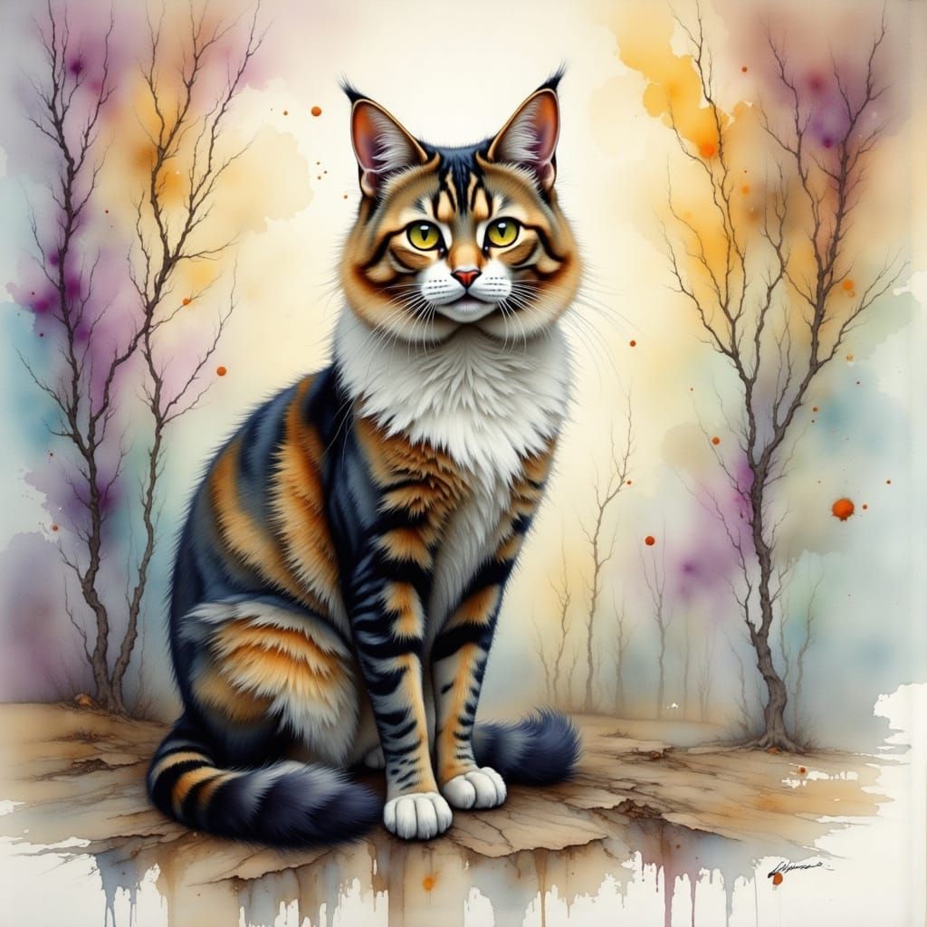 Lost Calico Cat in a Dreamlike Watercolor Landscape