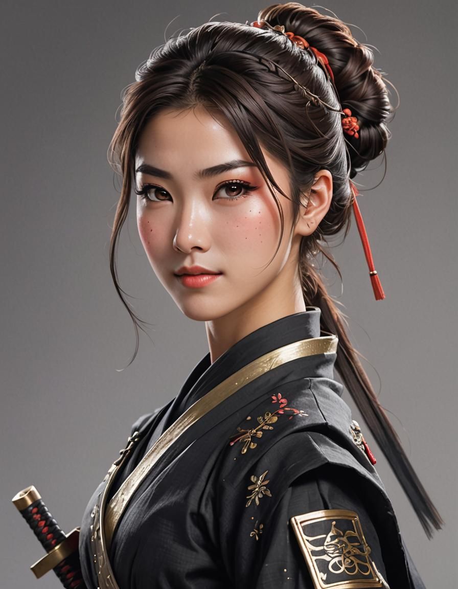 Joyful Samurai Ninja Girl in Ancient Armor