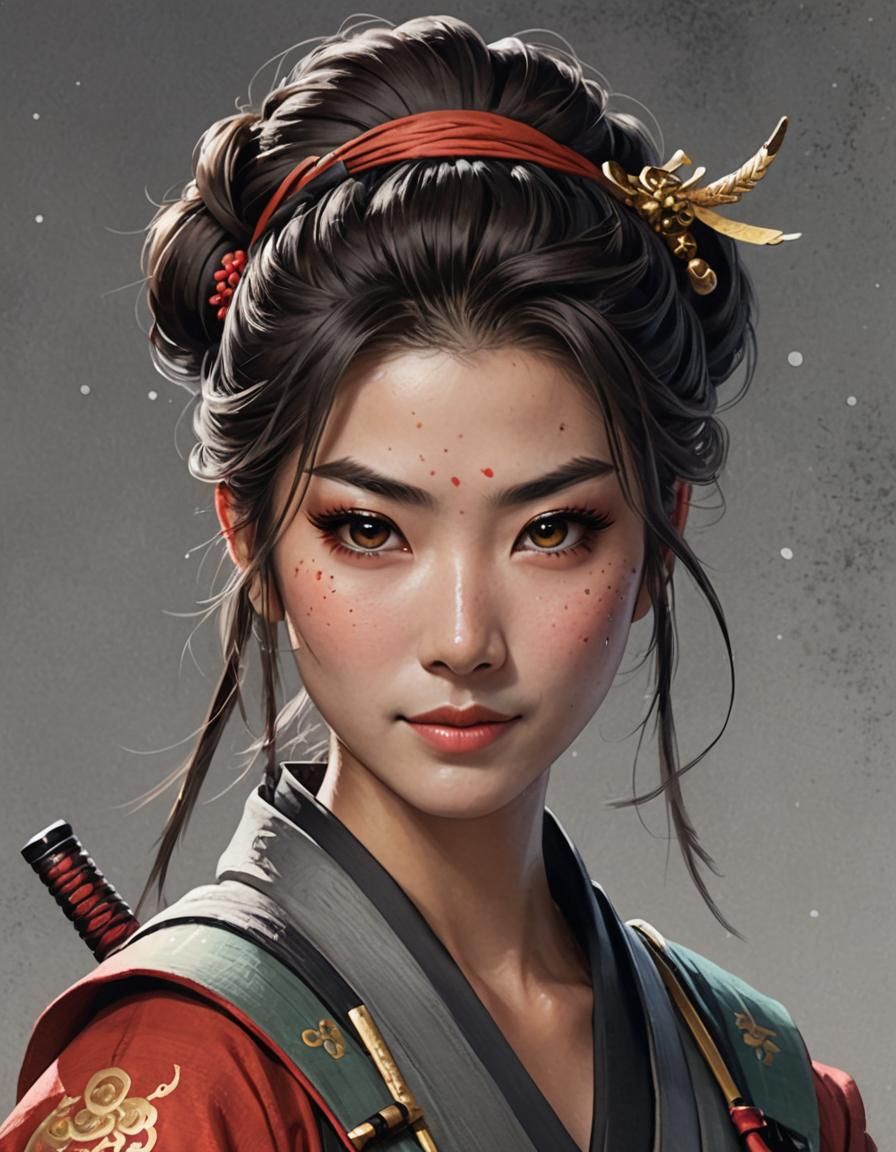 Joyful Samurai Ninja Girl in Ancient Armor