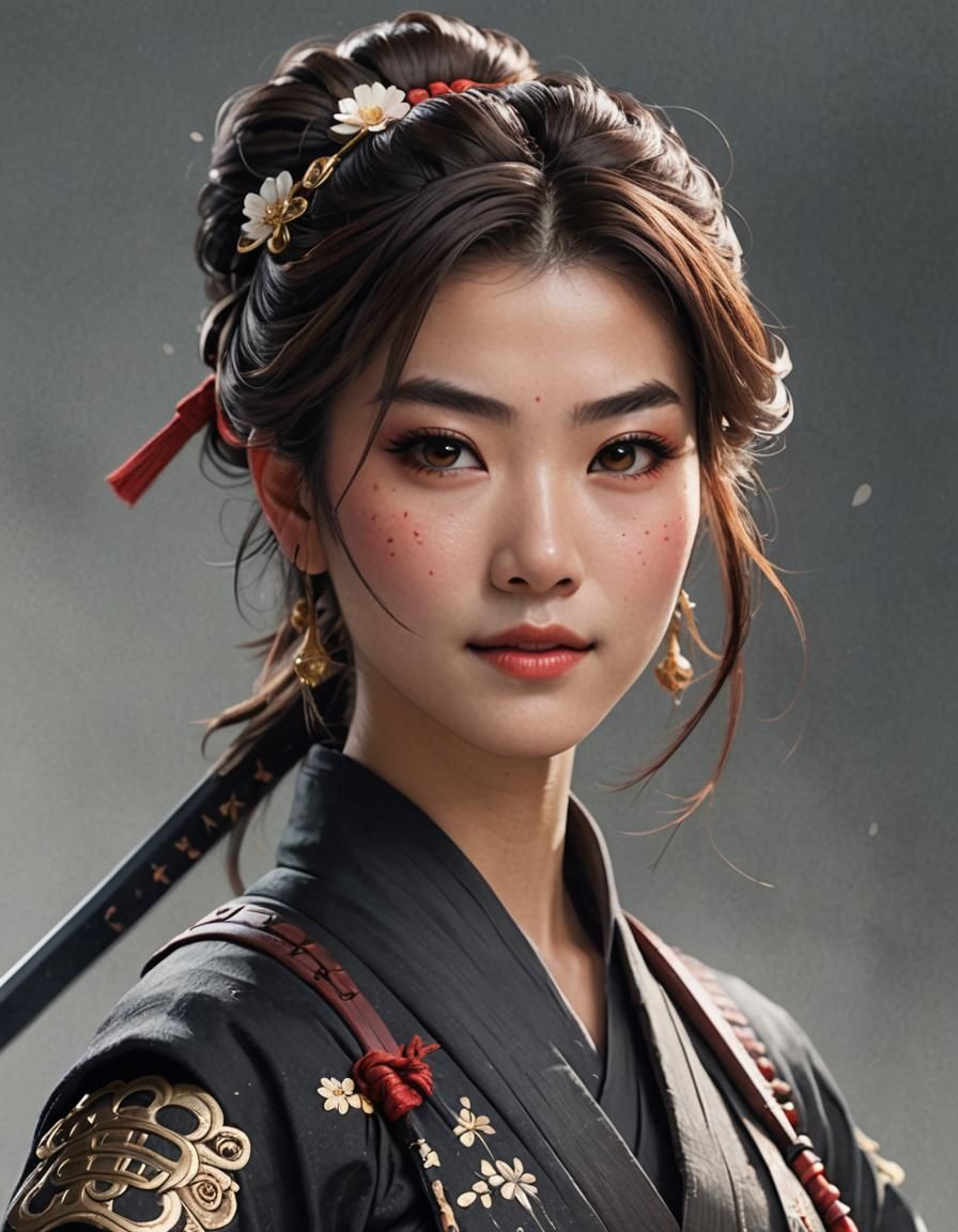 Joyful Samurai Ninja Girl in Ancient Armor