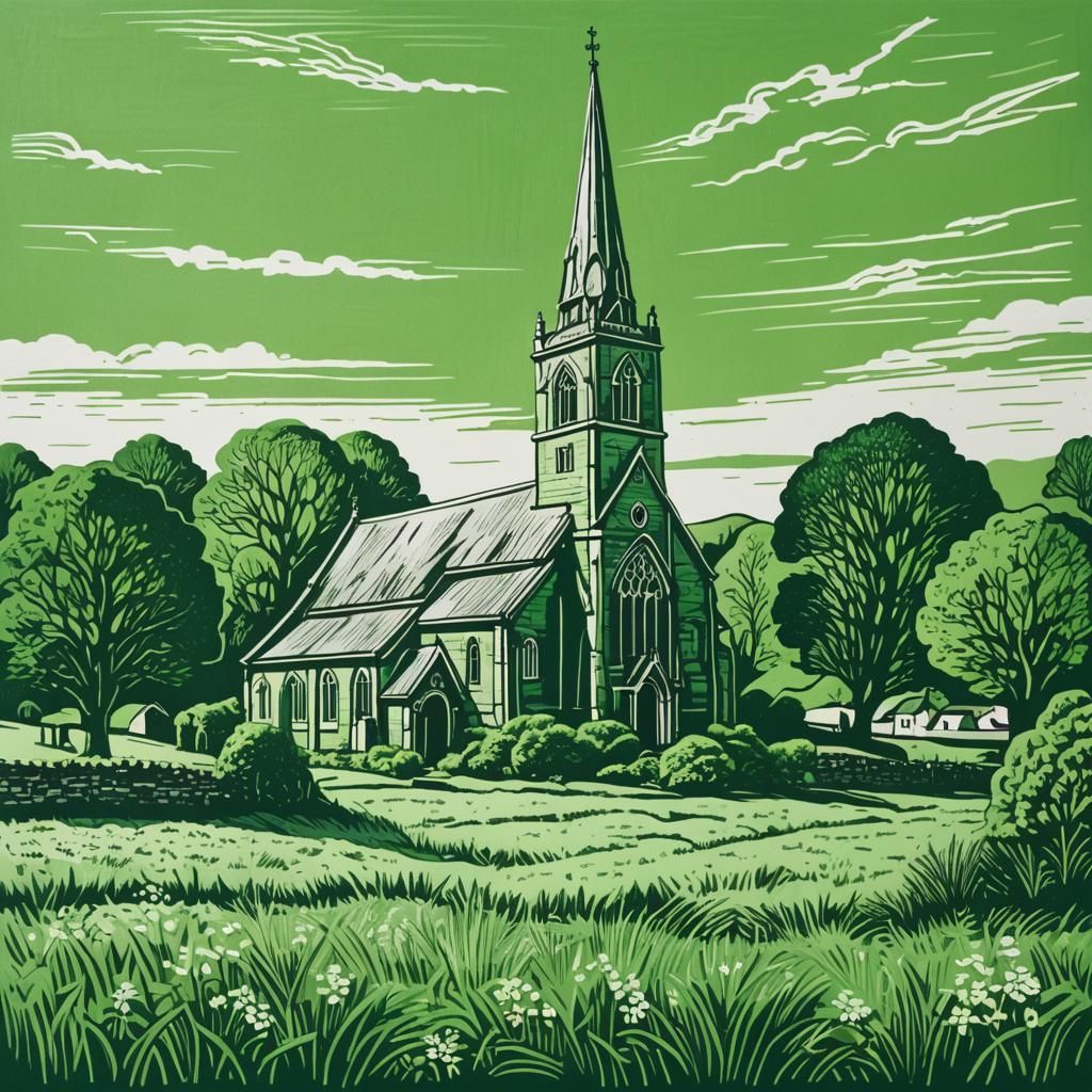English Village Church in Green Linocut Style
