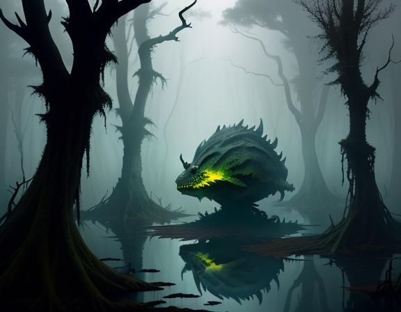 Bullywug in Murky Swamp: Dark Fantasy Concept Art