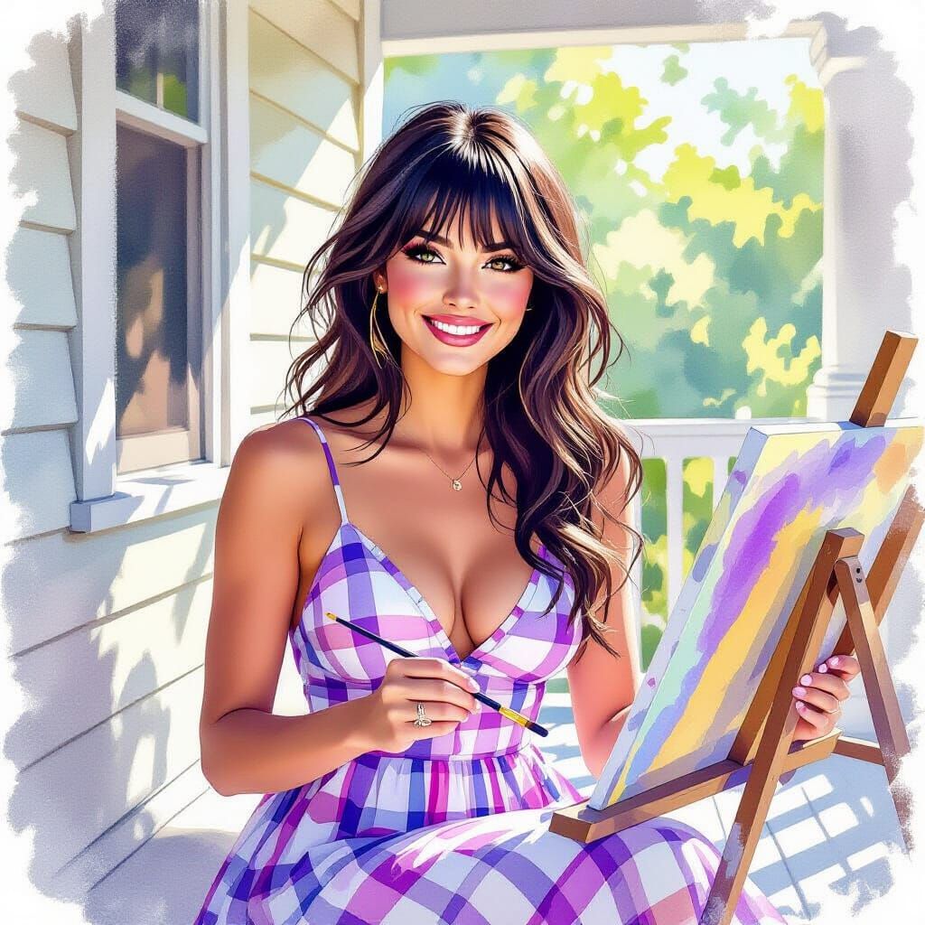 Watercolor Portrait of Woman Painting on a Porch