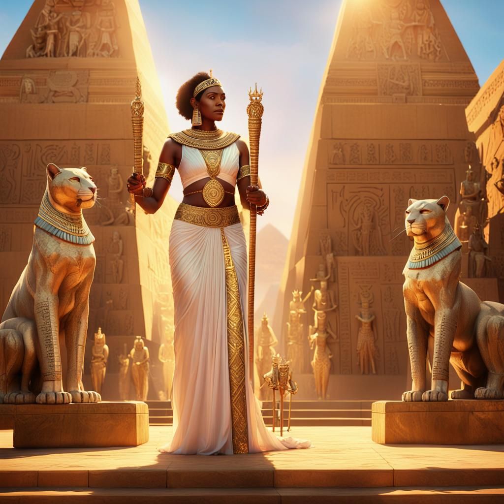 Regal African Goddess with Egyptian Statues: Oil Painting