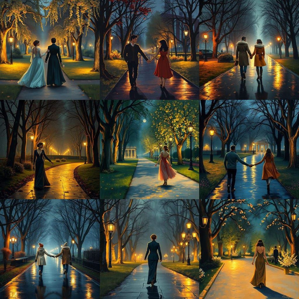 Romantic Couple in Rainy Park: Impressionistic Painting