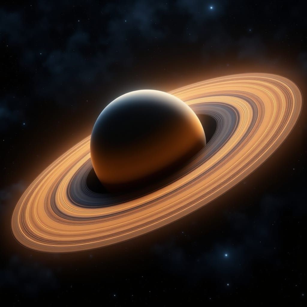 Ringed Planet in Deep Space with Golden Rings
