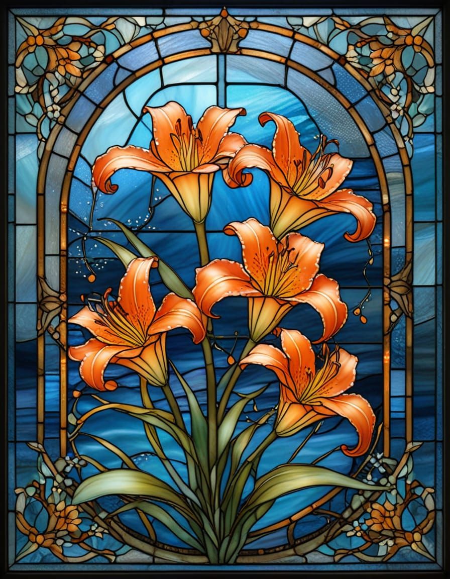 Victorian Stained Glass Art of Orange Lilies and Baby's Brea...
